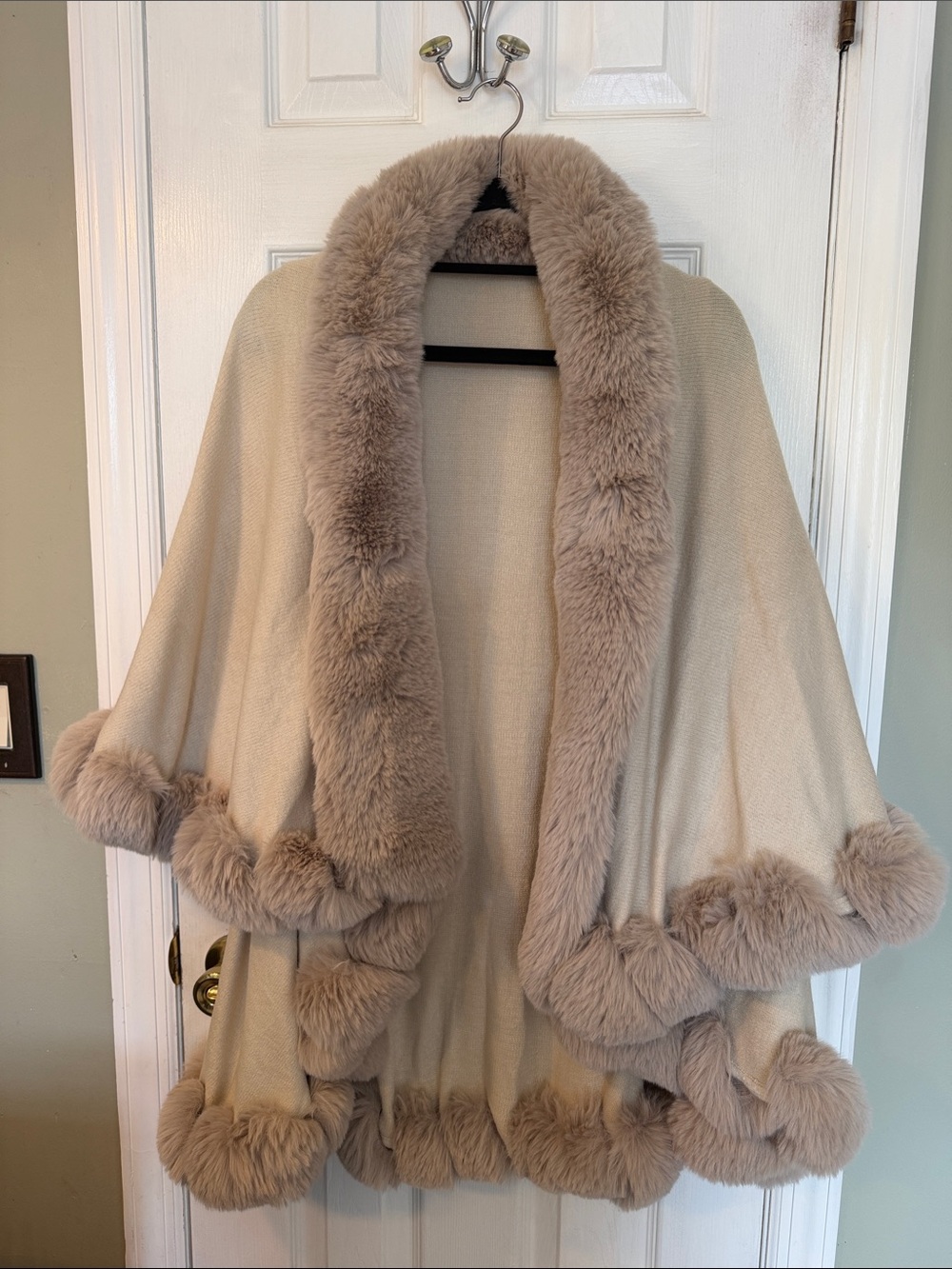 Taupe-Trim Cream Cape with Faux Fur Accents